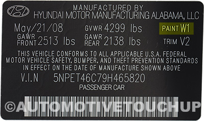 Hyundai Paint Color Code Door Tag